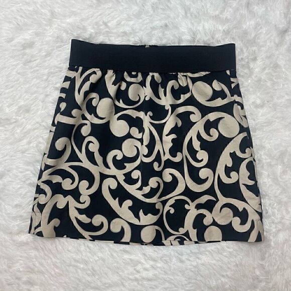 LOFT Ann Taylor Mini Skirt Cotton Silk Size 6 Stretchy Waistband Black Beige - Picture 1 of 8